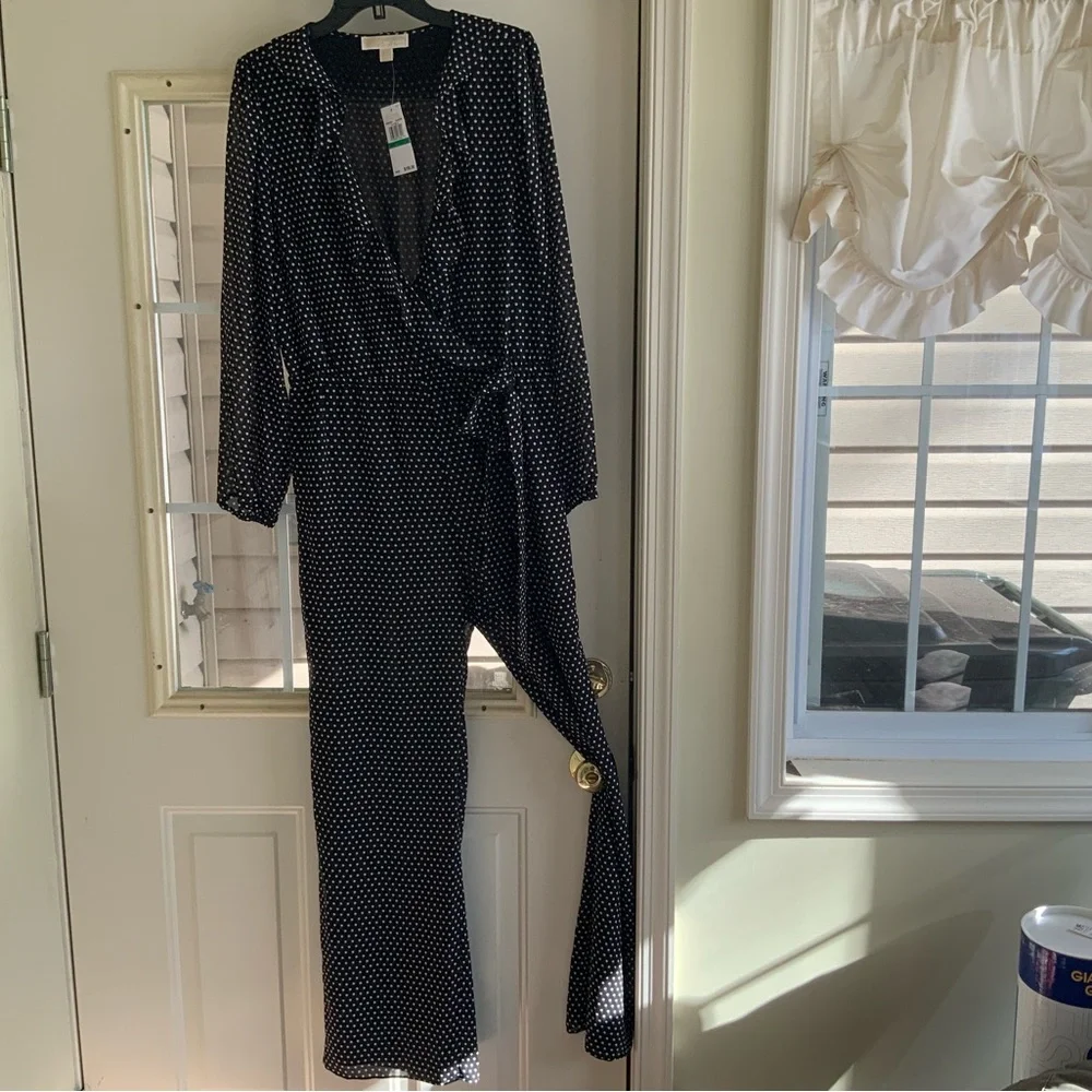 Michael Kors Black and White Polka Dot Long Sleeve Jumpsuit